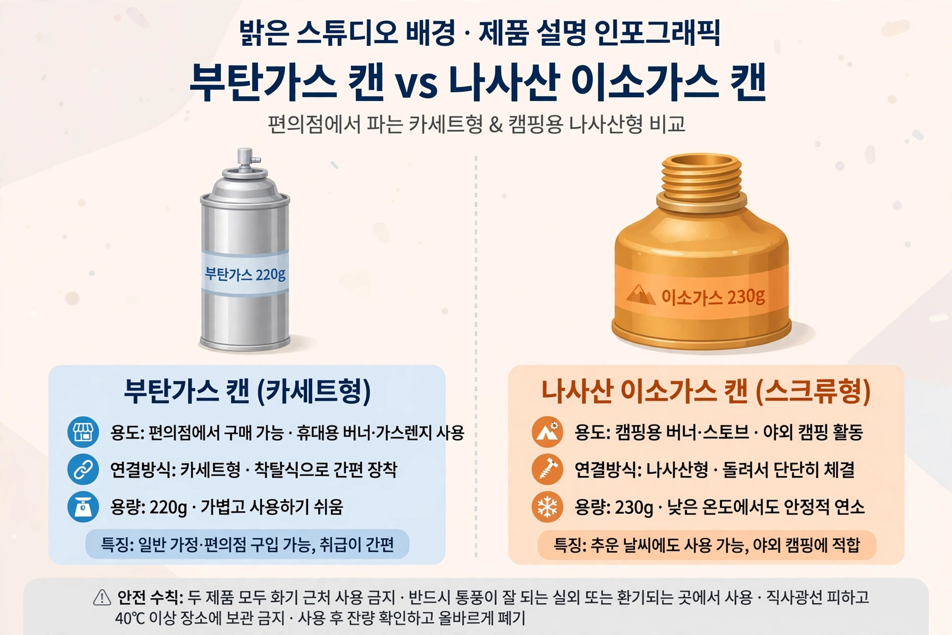부탄가스 캔과 나사산 이소가스 캔 비교 도식