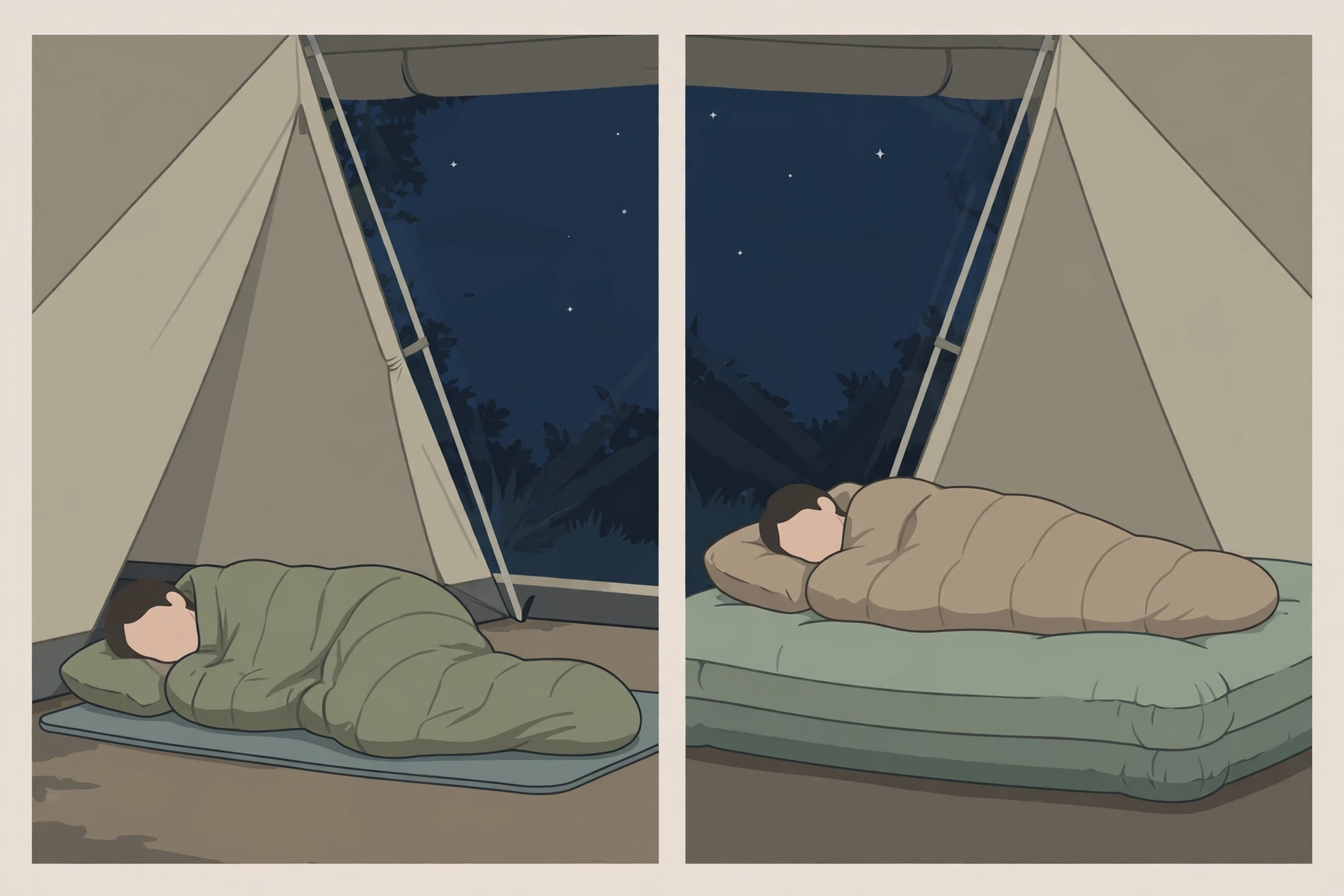 얇은 매트와 두꺼운 에어매트에 누운 모습을 나란히 비교한 도식