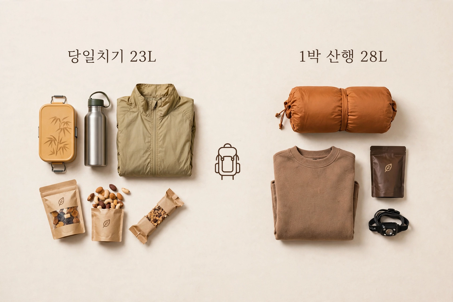 당일치기 짐 구성과 1박 산행 짐 구성 비교 도식