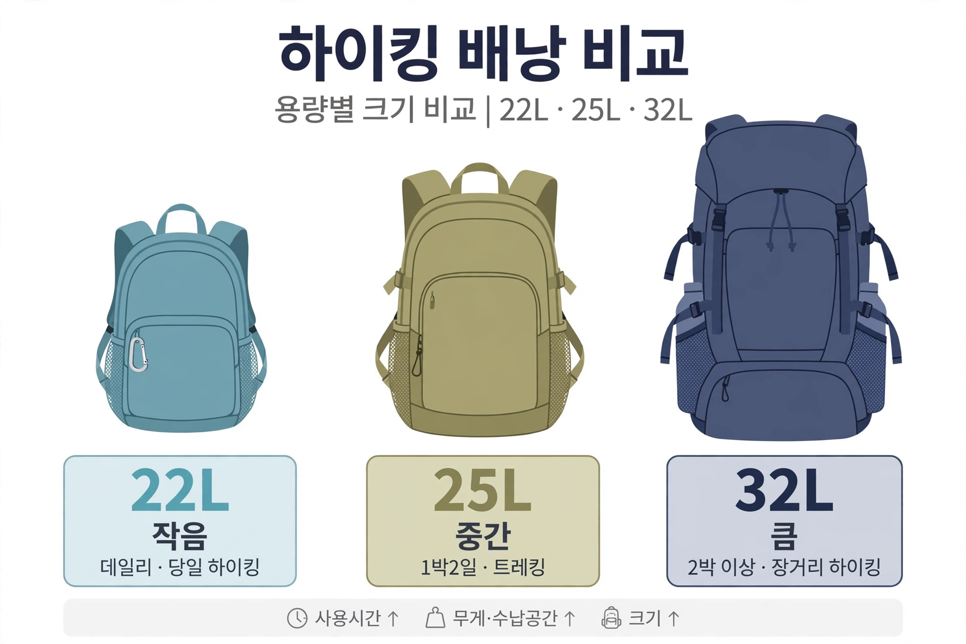 22L·25L·32L 배낭 크기 비교 도식
