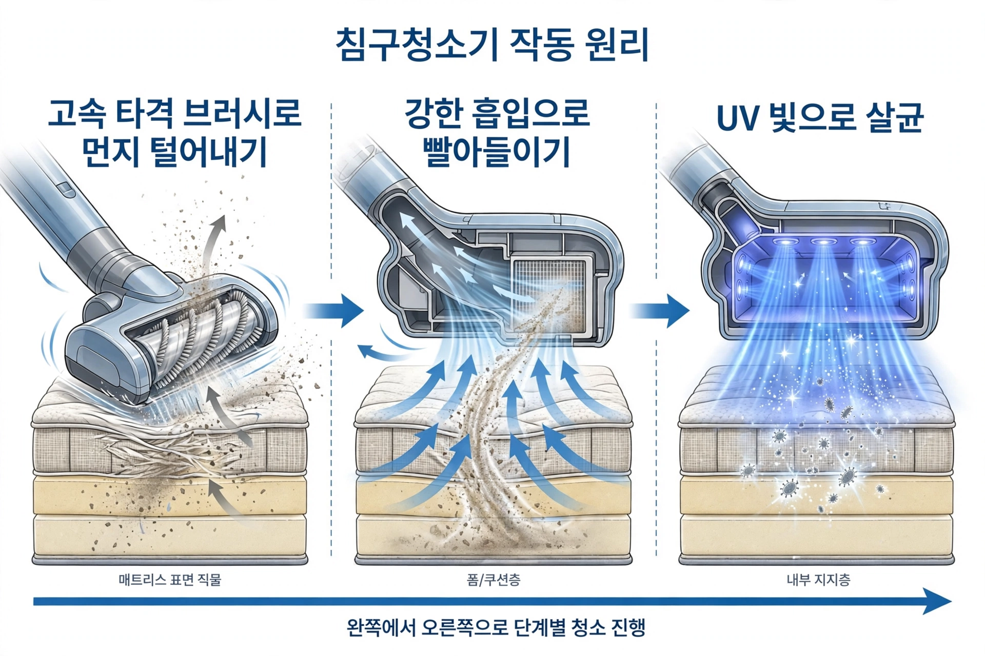 침구청소기 작동 원리 3단계 단면 도식