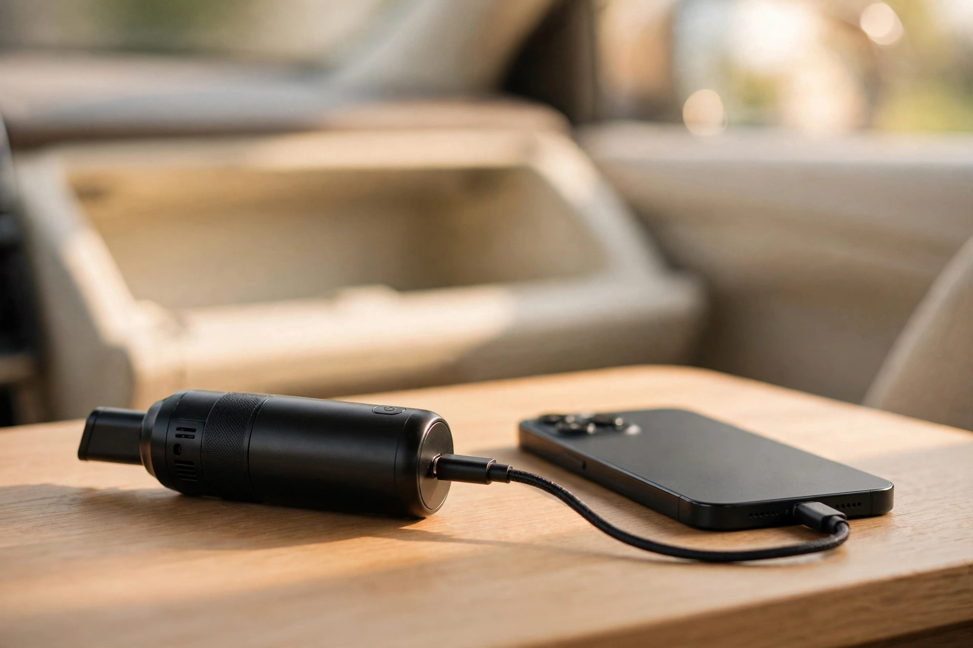 핸디청소기를 USB-C 케이블로 충전하는 모습