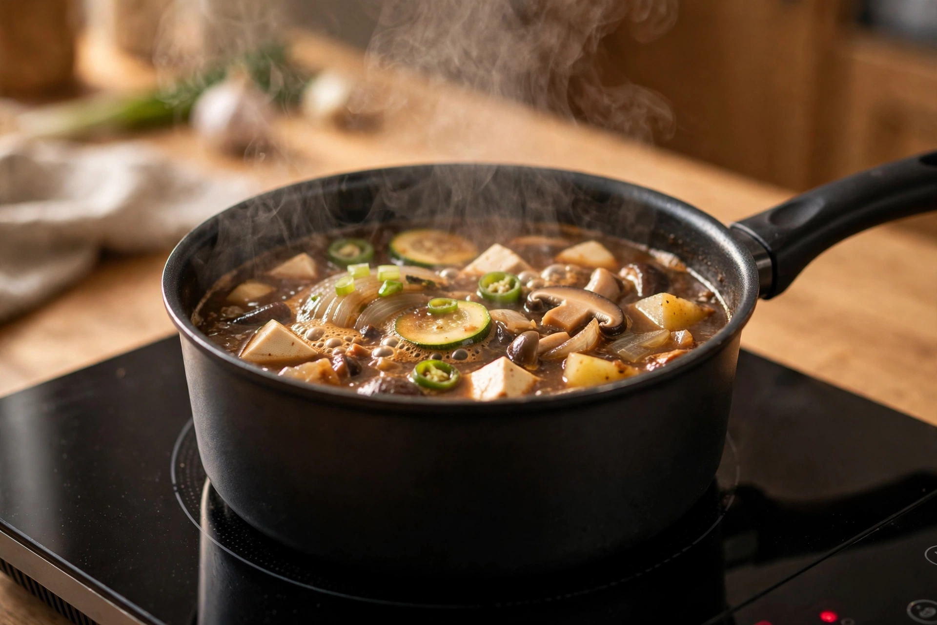 18cm 냄비에 2인분 찌개가 끓는 주방 장면