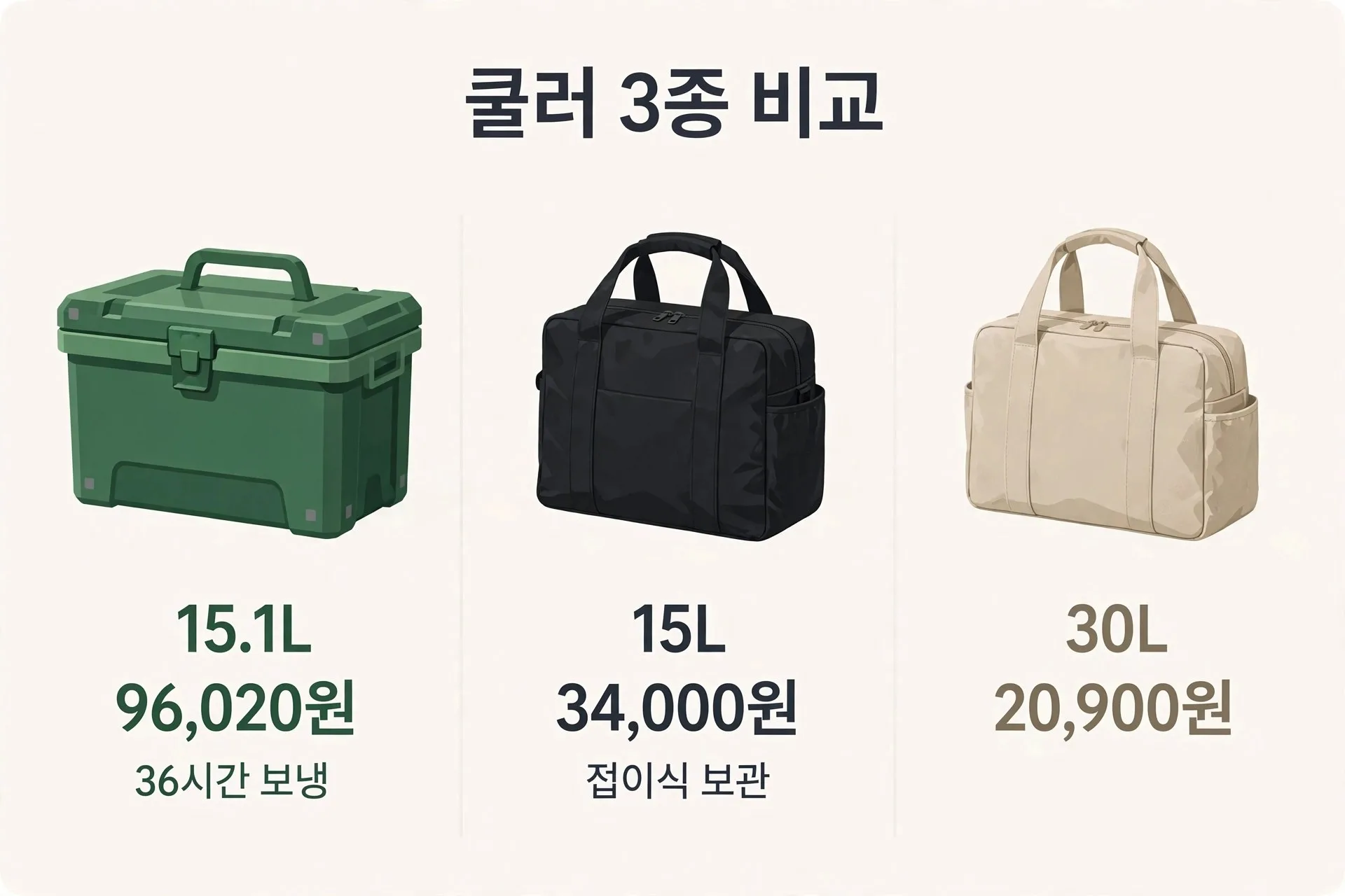 쿨러 3종 용량 가격 보냉 표기 비교 인포그래픽