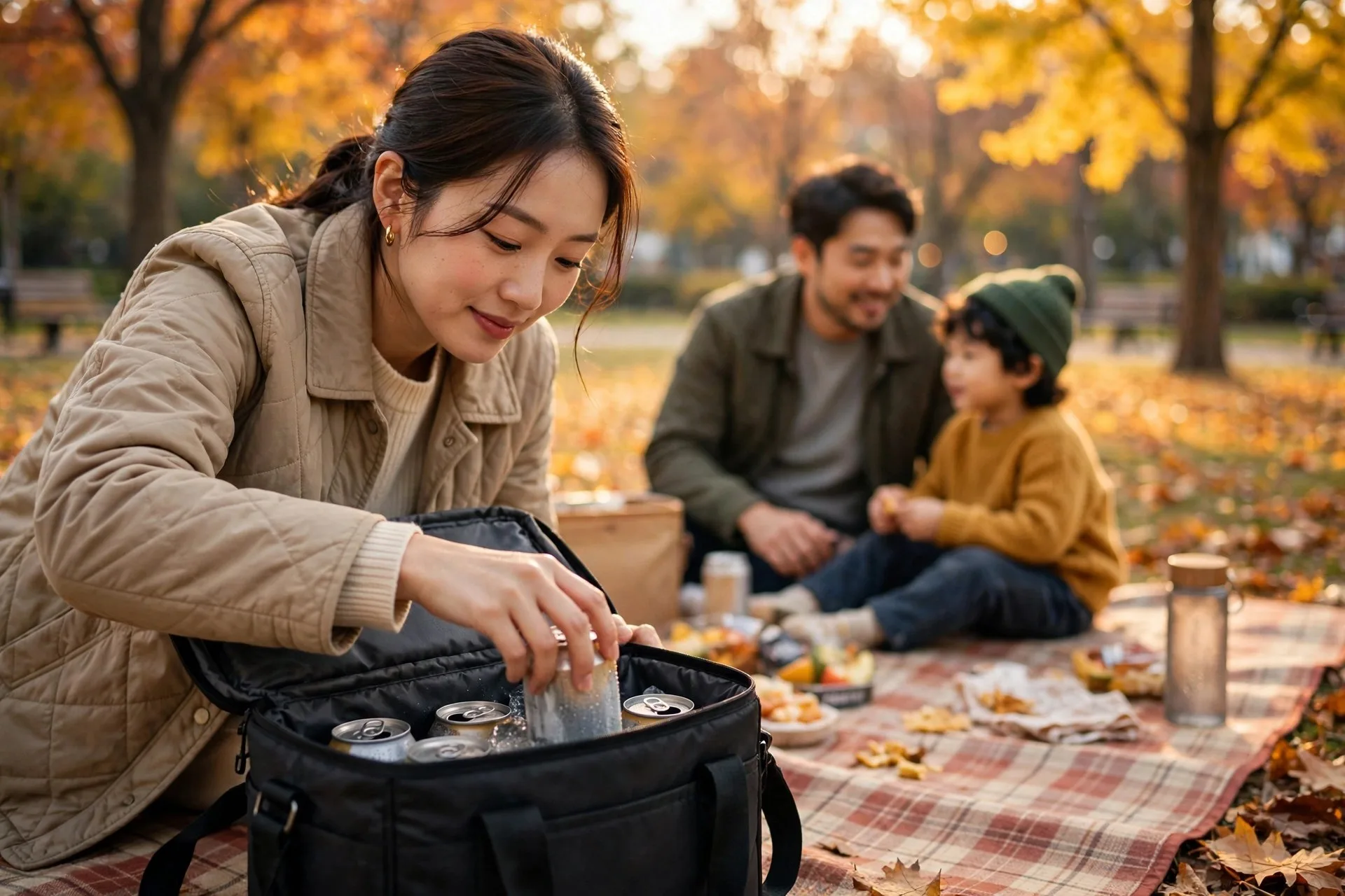 가을 피크닉에서 소프트쿨러백에서 음료를 꺼내는 가족