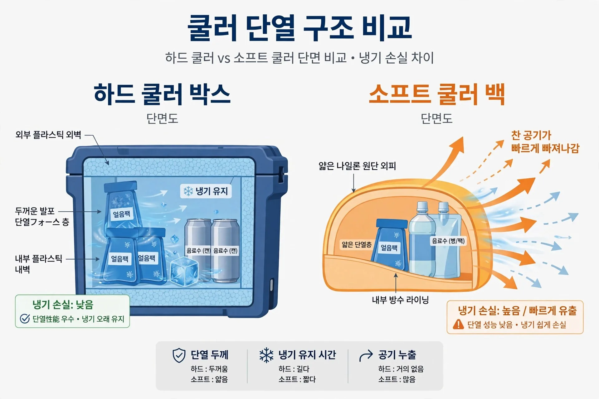하드쿨러와 소프트쿨러백의 단열 구조 단면 도식