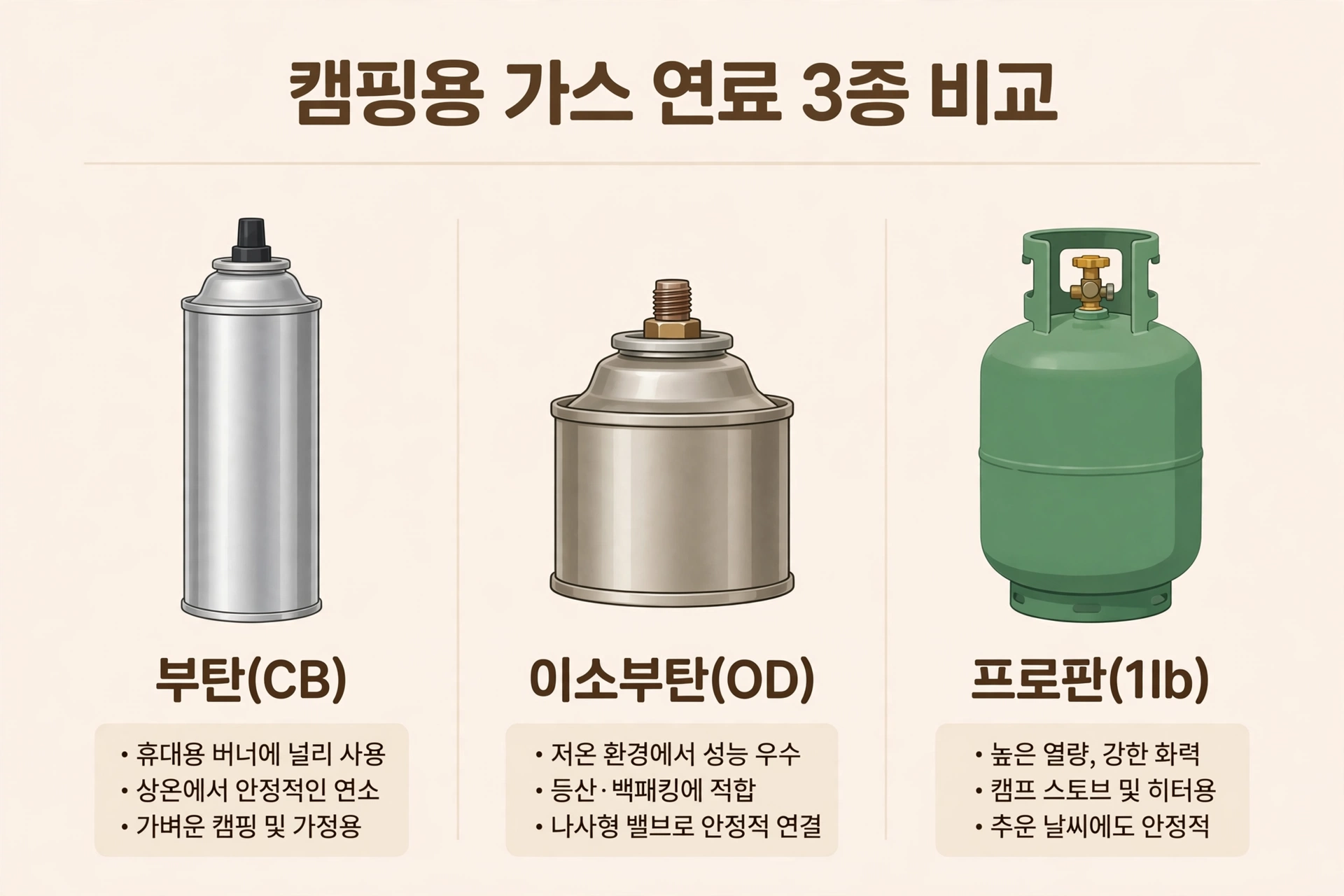 부탄 CB캔, 이소부탄 OD캔, 프로판 1lb 실린더 3종의 생김새 비교 도식