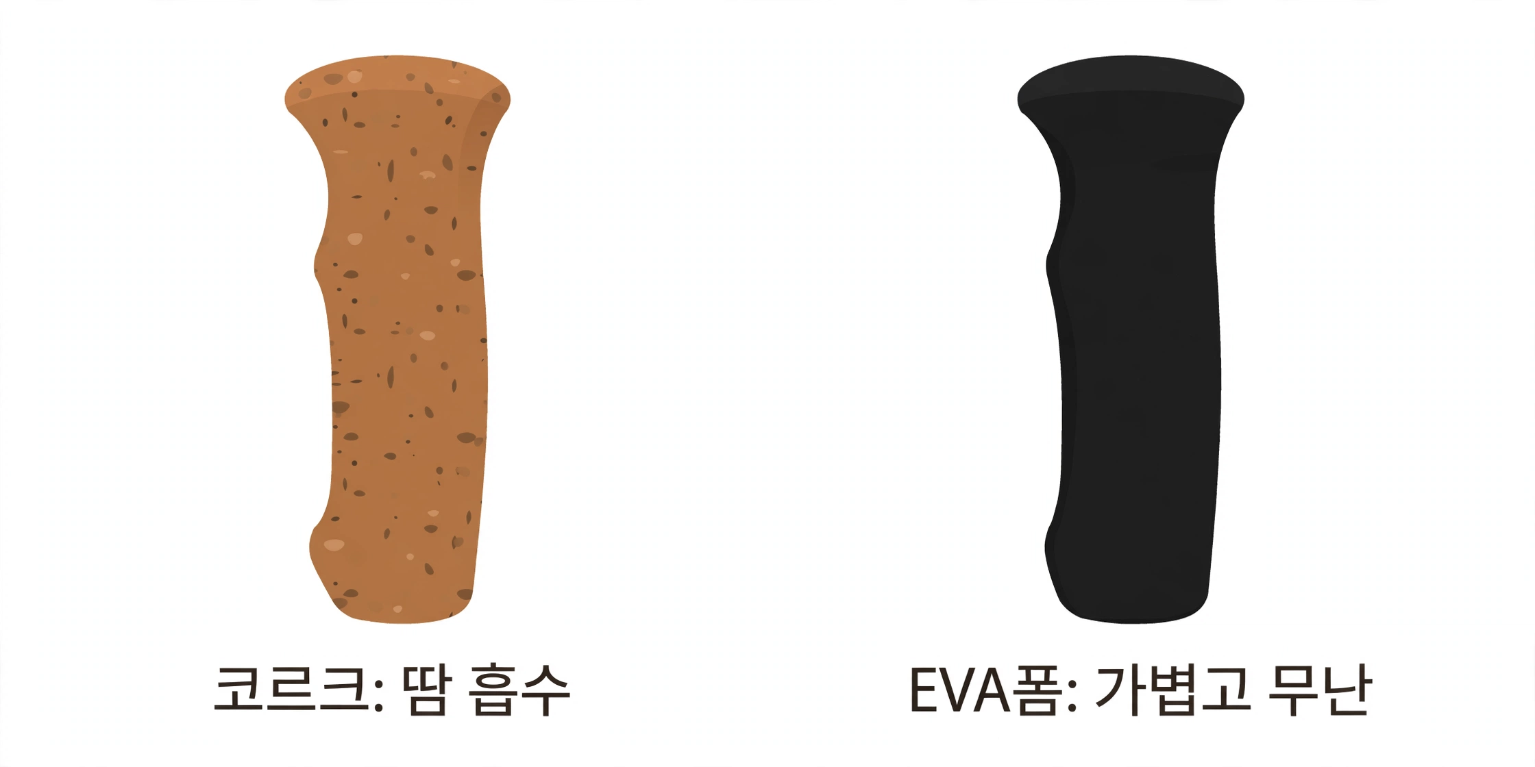 코르크 손잡이와 EVA 폼 손잡이 클로즈업 비교
