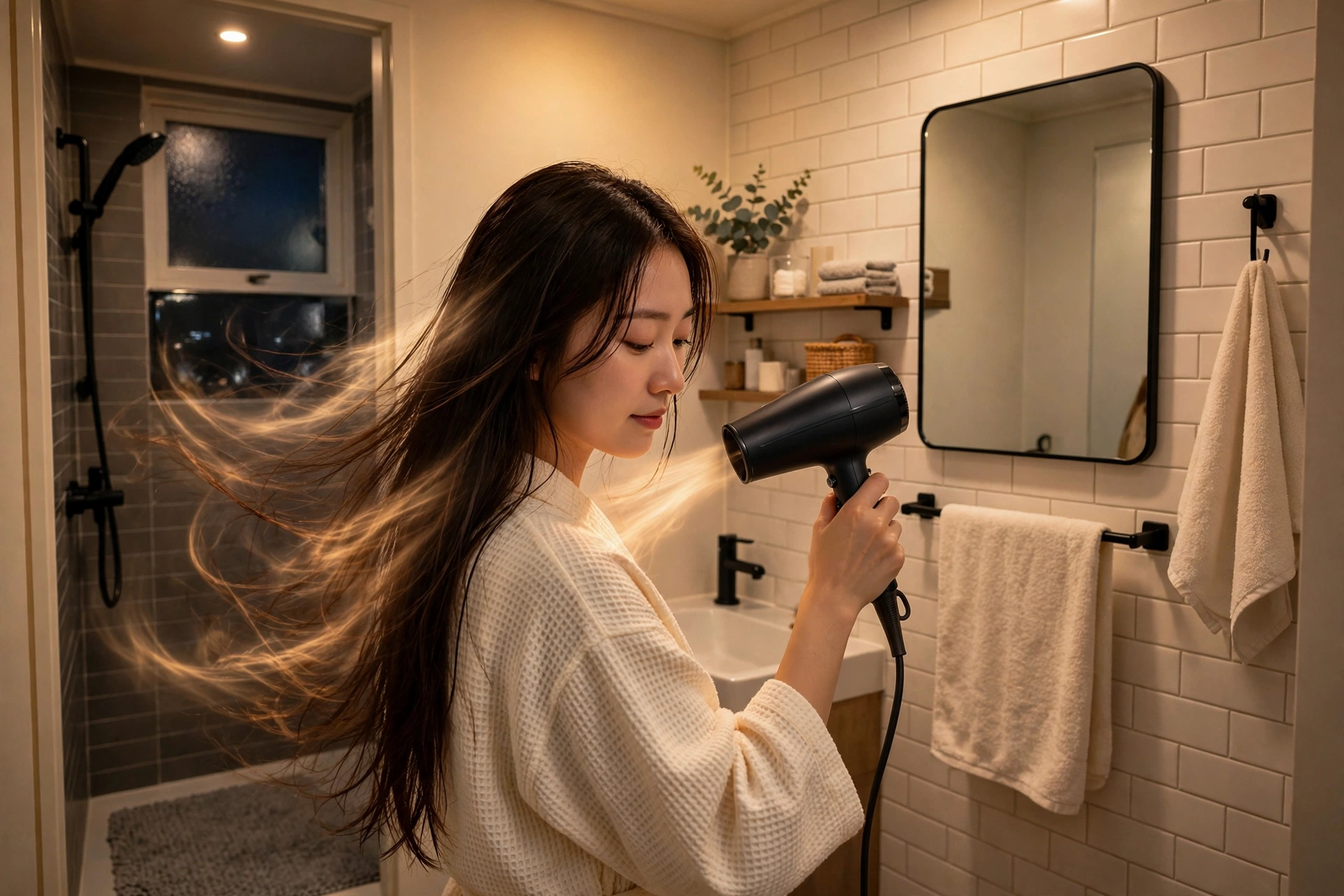 밤 자취방에서 머리 말리는 장면