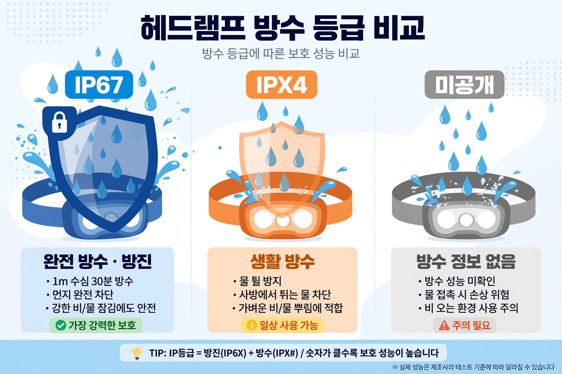 헤드램프 방수 등급 비교 도식