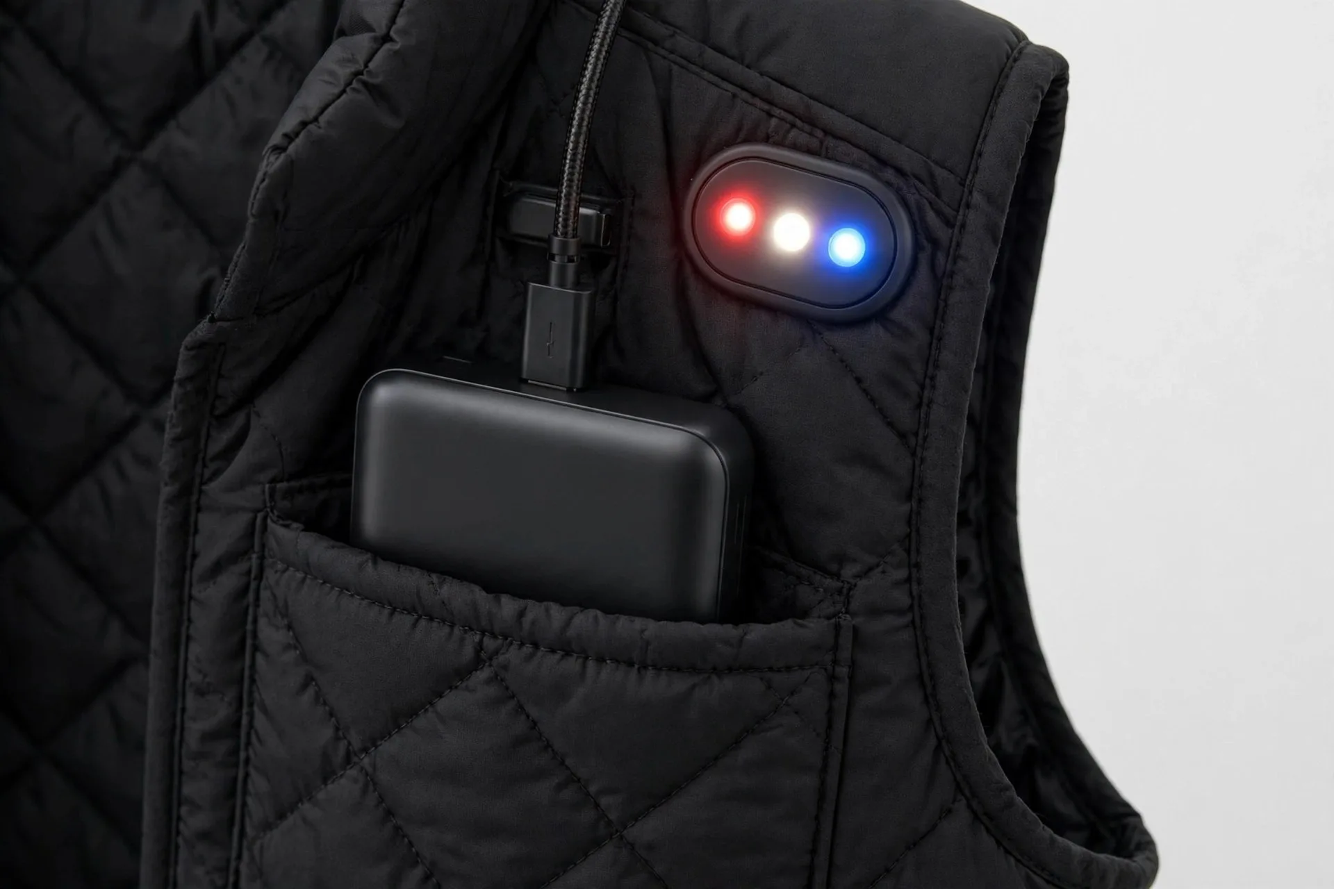 발열조끼 내부 주머니에 꽂힌 USB 보조배터리와 온도 조절 버튼