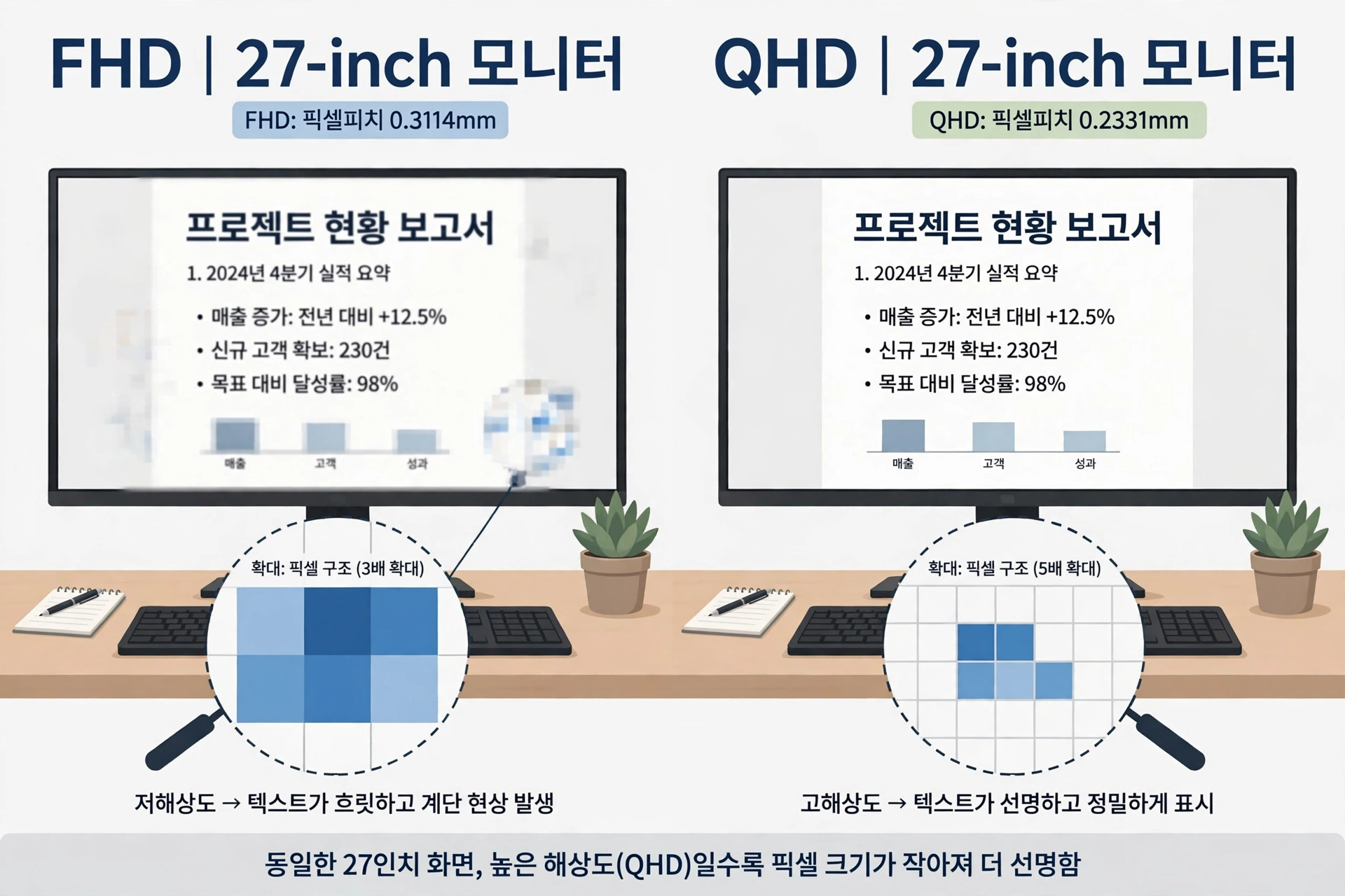FHD와 QHD의 픽셀 밀도 비교 도식