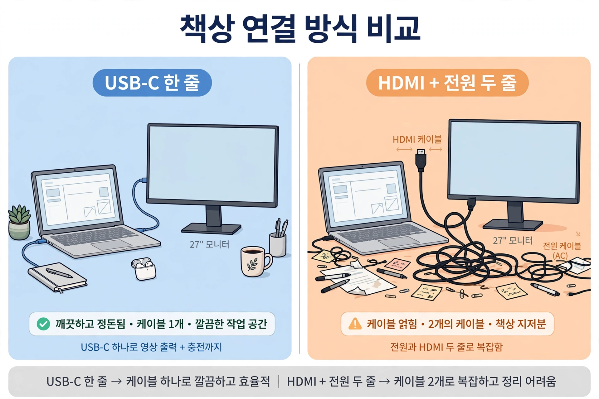 USB-C 한 줄 연결과 HDMI+전원 두 줄 연결 비교 도식
