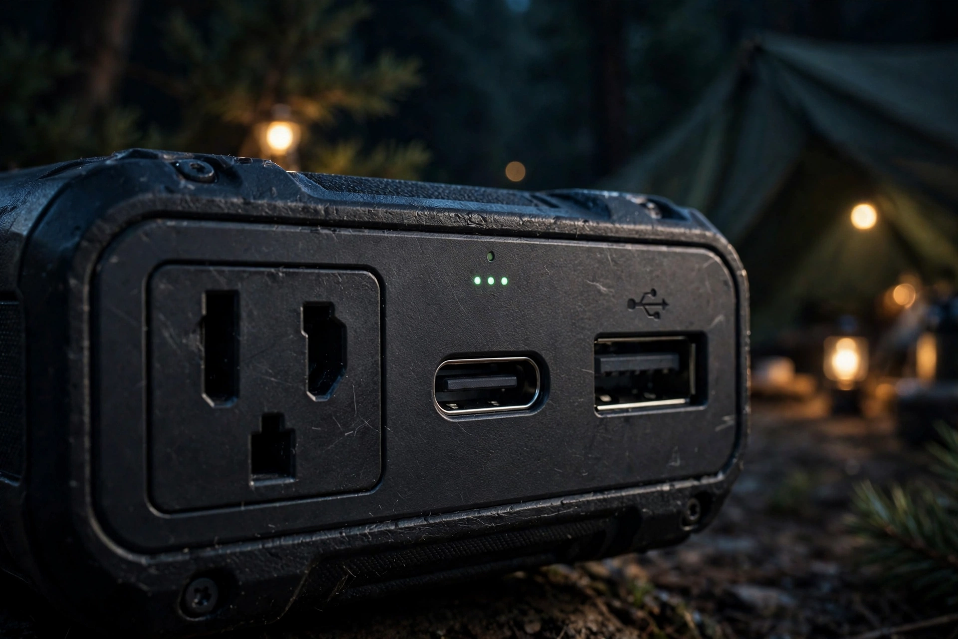 파워뱅크 전면의 AC 콘센트와 USB-C USB-A 출력 포트 클로즈업