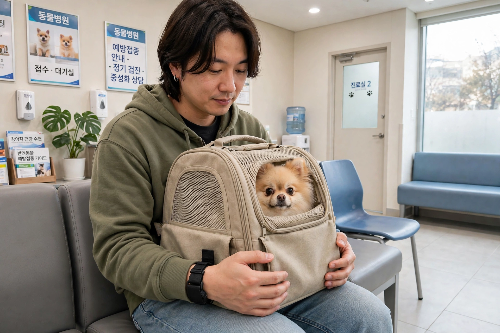 동물병원 대기실에서 소프트 이동가방을 든 보호자