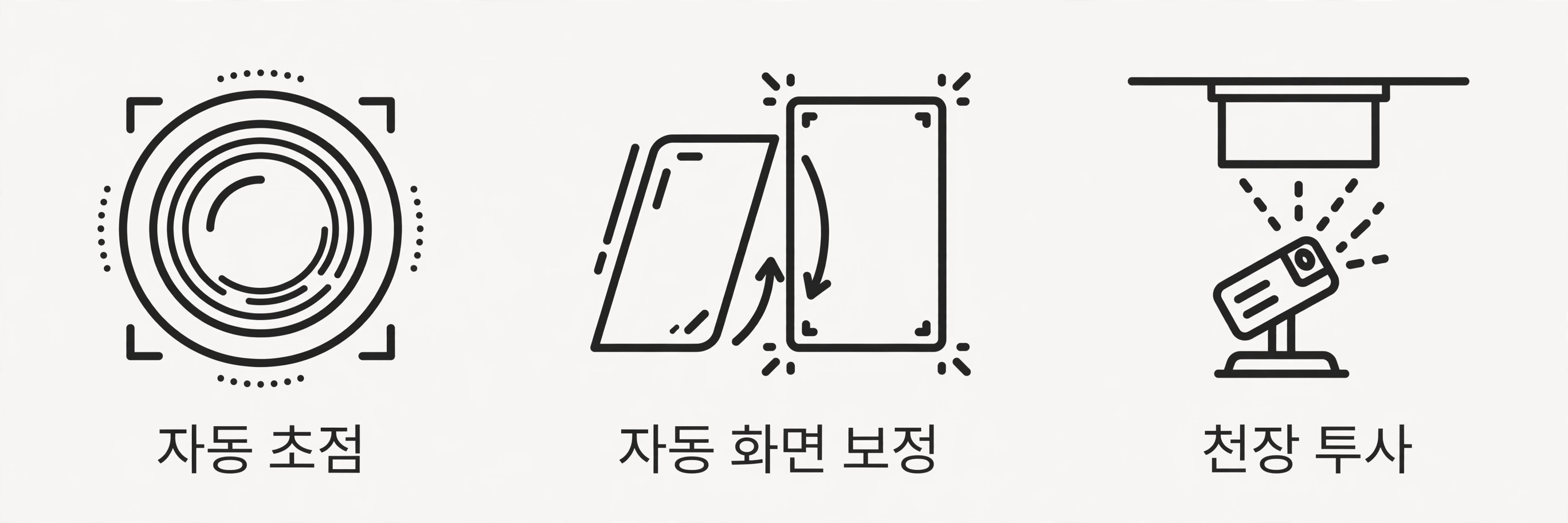 자동 초점, 자동 화면 보정, 천장 투사 아이콘
