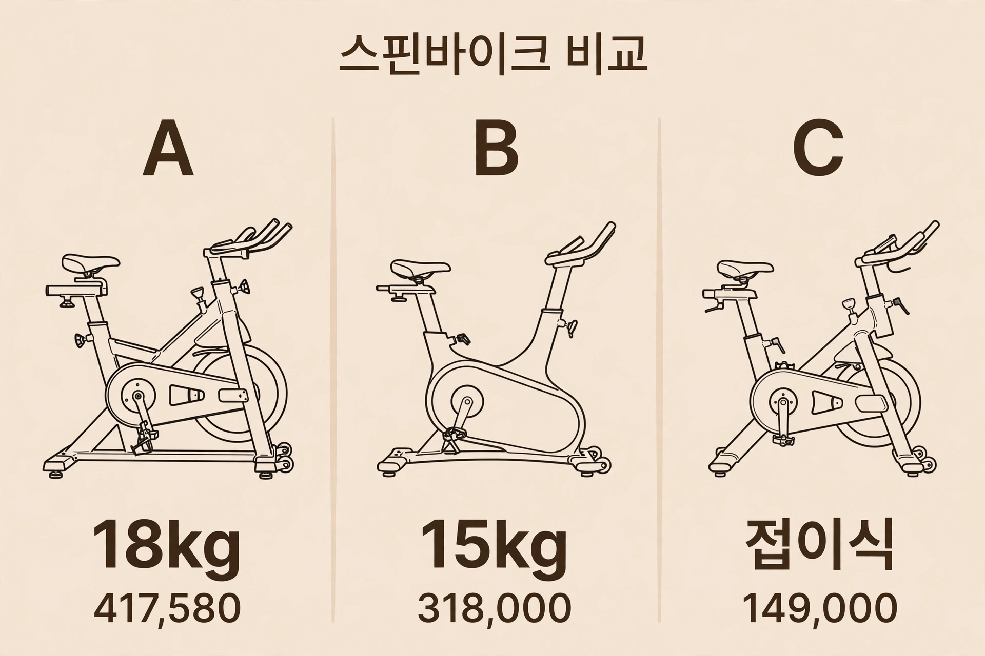 스핀바이크 3종의 휠 무게와 가격대 비교 인포그래픽