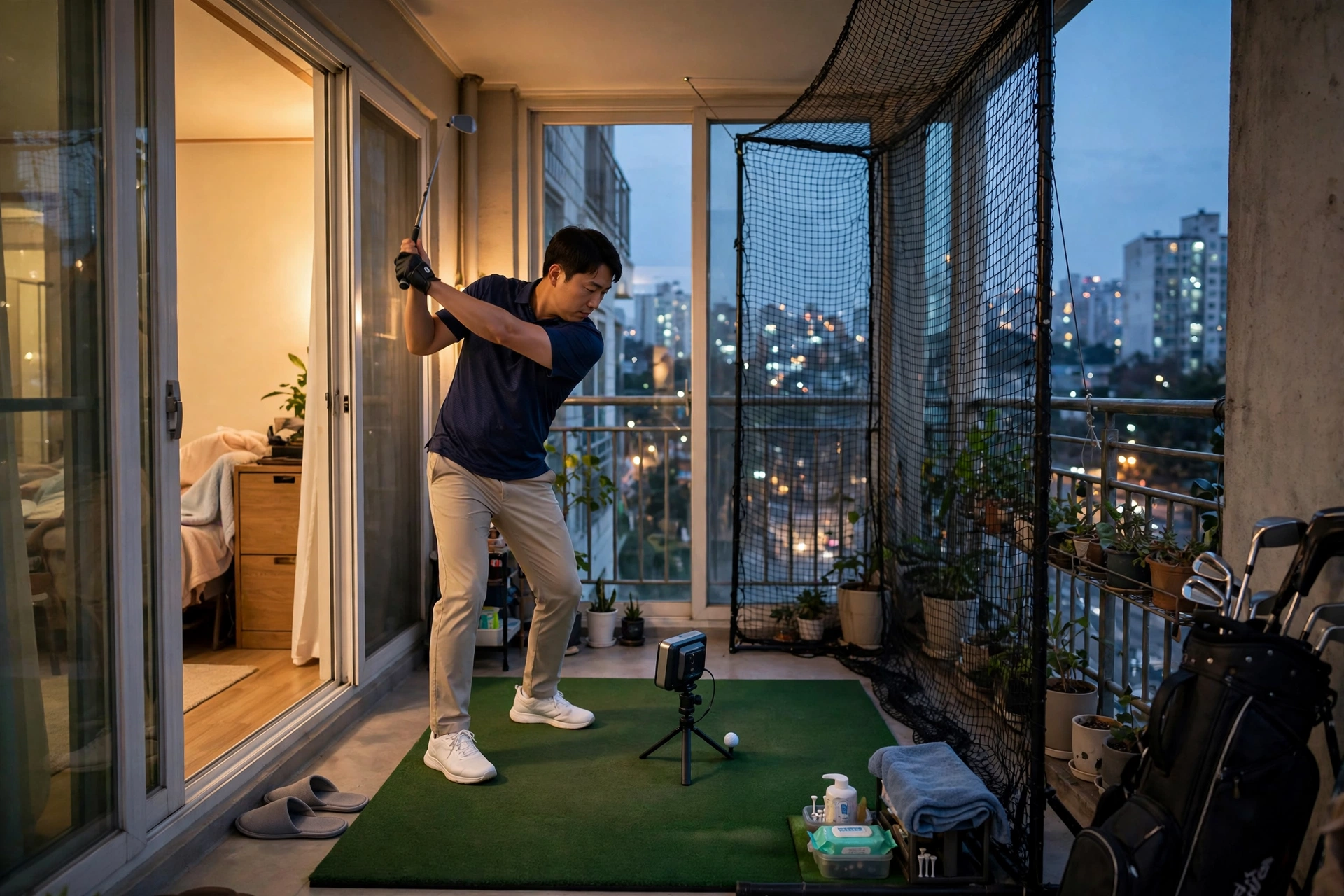 아파트 베란다에 연습 네트를 치고 스윙 분석기를 공 뒤에 둔 겨울 실내 연습 장면