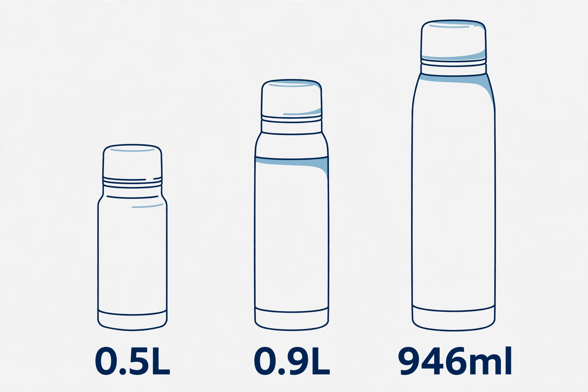 0.5L, 0.9L, 946ml 보온병 3종의 높이 비교 도식